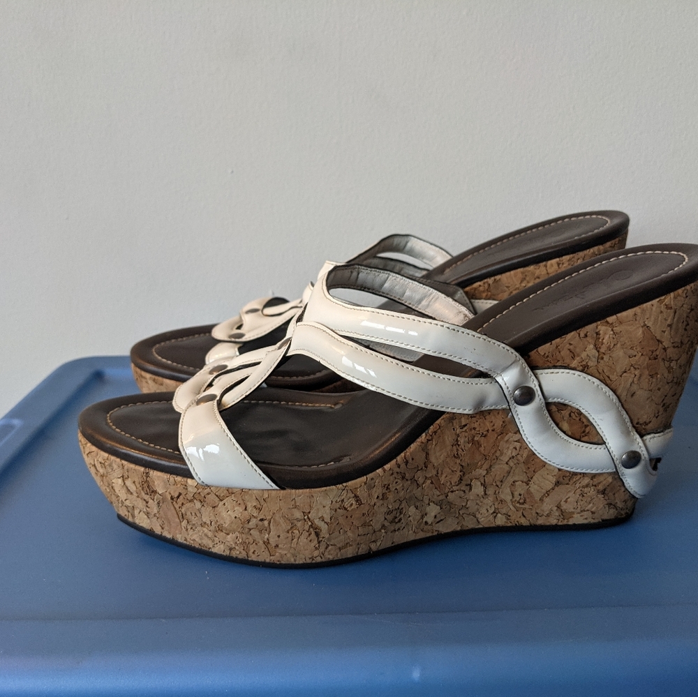 Cole Haan Size 9 White Patent Leather Cork Platform Wedges
